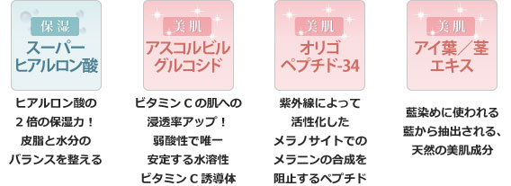 スーパーヒアルロン酸・アスコルビルグルコシド・オリゴペプチド-34・アイ葉/茎エキス